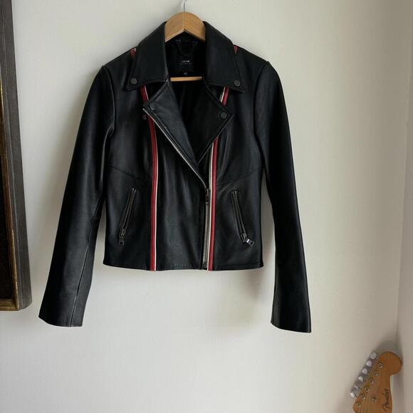 Joe’s Collection Moto Black Leather Jacket Red White Piping Size S - Picture 3 of 14